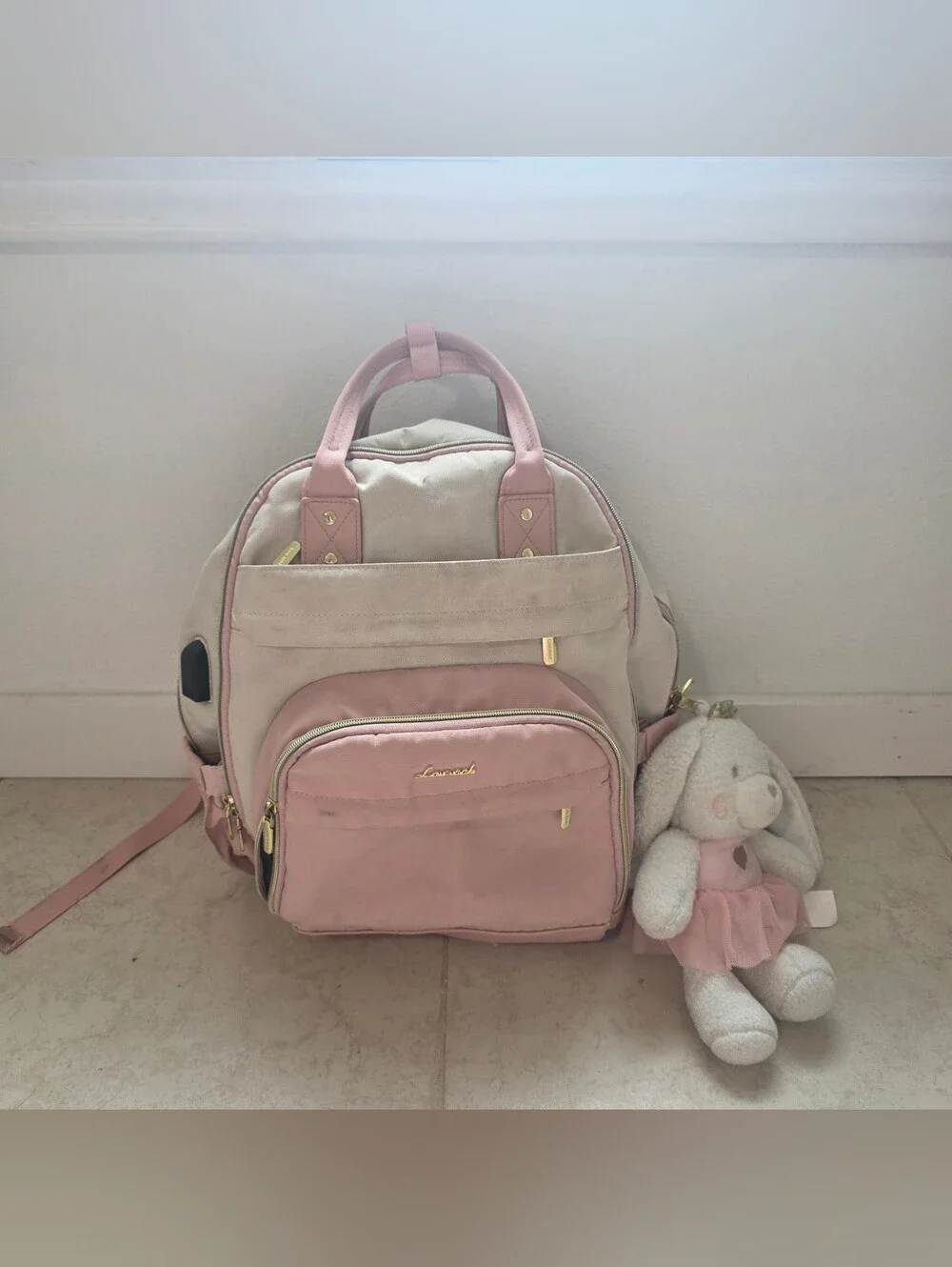 LOVEVOOK Pink Cream Multi Pocket Laptop Backpack Travel Work School Bag